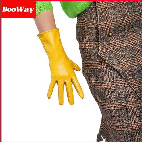 DooWay Long Latex Gloves Faux Leather Sheepskin Elastic Mustard Yellow 11-inch Warm Party Dress Driving Gloves