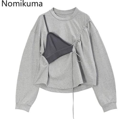 Nomikuma Drawstring Lace Up Korean T Shirts Women Fake Two Piece O Neck Long Sleeve Casual Loose Tshirts Female Autumn New 3d572