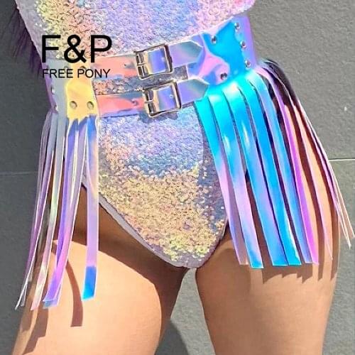 Handmade Plus Size Clothing Holographic Rainbow Iridescent PVC Fringe Belt Skirt Women Burning Man Festival Rave Clothes Outfits