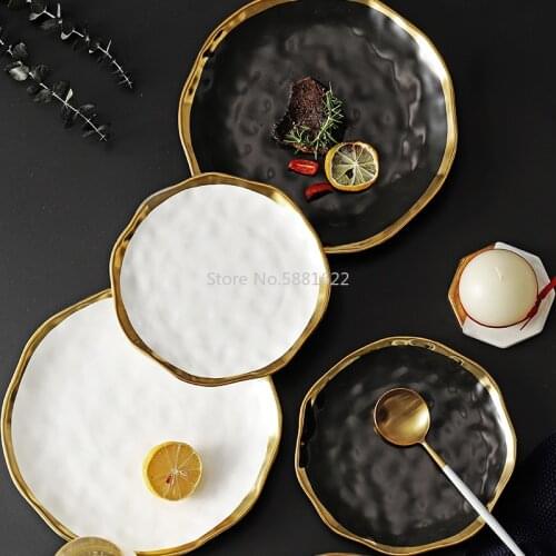 Ceramic Dinner Plate Gold Inlay Snack Dishes Luxury Gold Edges Plate Dinnerware Kitchen Plate Black White Tray TablEware Set
