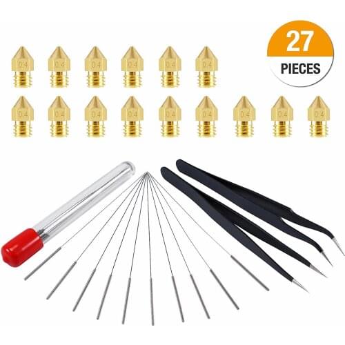 27pcs kit 15pcs 0.4mm Mk8 nozzle + 10 Pcs 0.4 mm clean Needle + 2 Tweezers Tool Suite for 3D Printer MK8 Makerbot