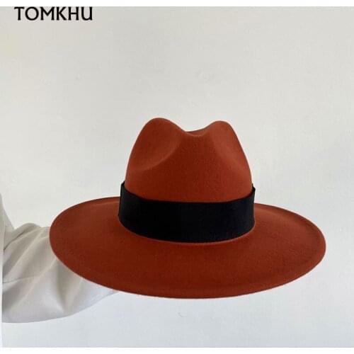 Korean Fashion Custom Brick Red Jazz Hat Winter Pure Wool Fedora Hat Casual Temperament Hat Black Ribbon Church Derby Dress Hat