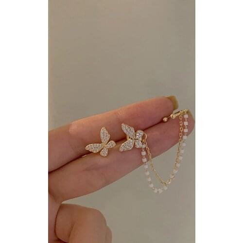 Korean Elegant Cute Rhinestone Butterfly Stud Earrings for Women Girls Fashion Metal Chain Boucle Jewelry