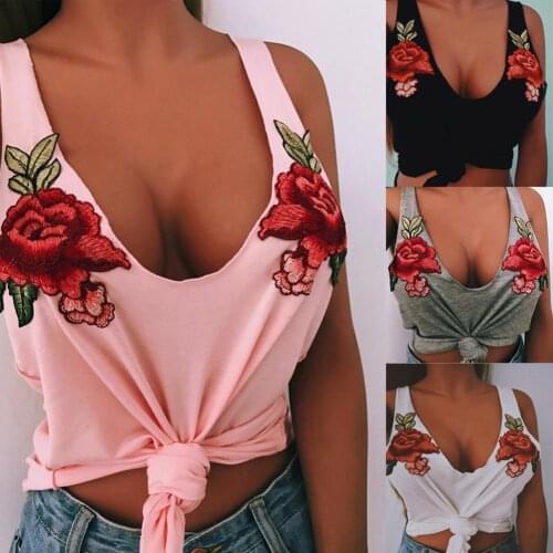 HOT SALES!!! Sexy Women\s Summer Low Cut Rose Flower Embroidery Vest Sleeveless Tank Top