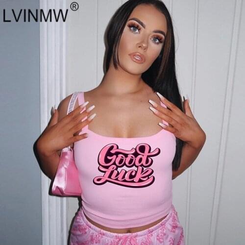 LVINMW Spaghetti Straps Letter Print Slim Basic Casual Crop Top Sleeveless Summer Pink Trim Camisole Tops Women Streetwear