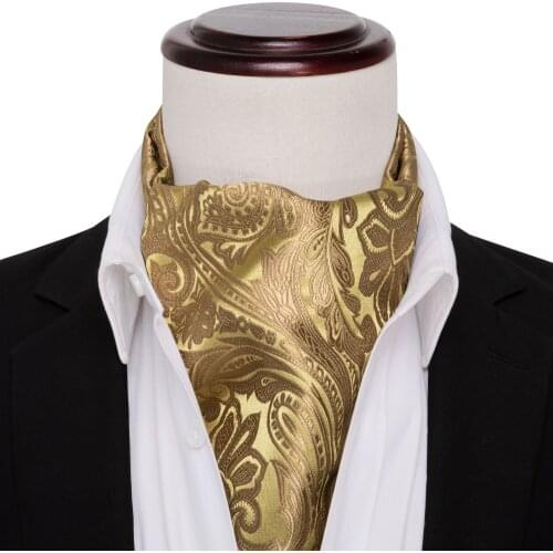 Ascot Tie for Men Gold Silk Cravat Floral Necktie Set Handkerchief Cufflinks Male Paisley Ties for Wedding Party Barry.Wang