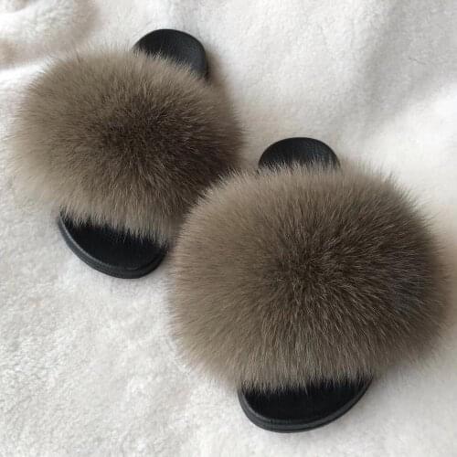 Womens Fur Slippers Women Fox Fur Slides Home Furry Flat Sandals Female Cute Fluffy House Shoes Woman Brand Luxury