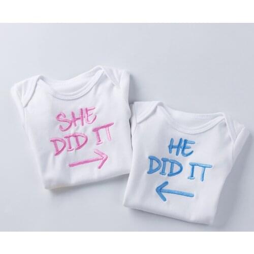 Toddler Baby Twin Boys & Girls Casual Clothing for Newborn Kids Romper Cotton Costumes SHE DID IT & HE DID IT Embroidery Clothes