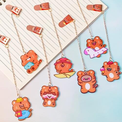 Cute Tiger Animal Pendant Bookmark Chain Acrylic Book Marks for Book Page Clip DIY Decor Anime School Supplies Teacher Gift