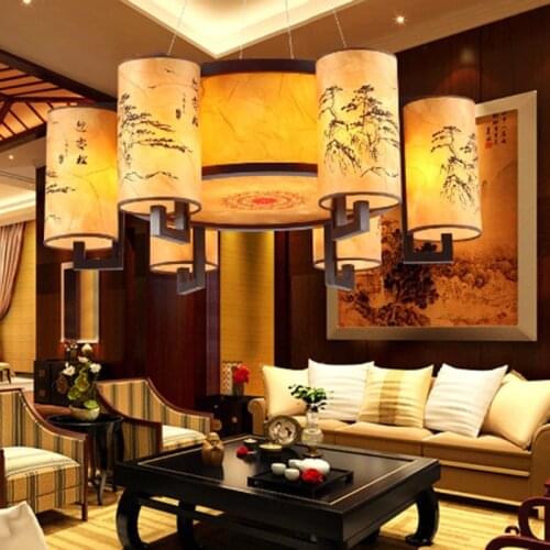 Modern Chinese wood circular lamp Antique chandelier living room lights sheepskin restaurant study bedroom hanging lamp
