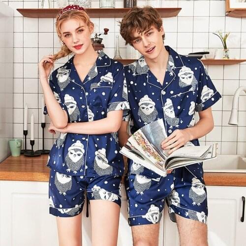 Modern Style Couple Wear Home Clothing Two-piece Shorts Suit Set Sleepwear Ice Silk Satin Youth Leisure Print Nightgown J052