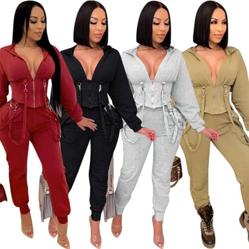 Adogirl Autumn Activewear Tracksuits Women Set Girdling Lace Up Hooded Crop Top Jogger Pants Suit Two Pieces Set Fitness Outfits