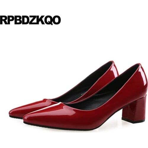 Pointed Toe Women Red Prom Shoes Size 4 34 3 Inch Modern Patent Leather 2017 Evening Chic High Heels 33 Chunky Dress Autumn