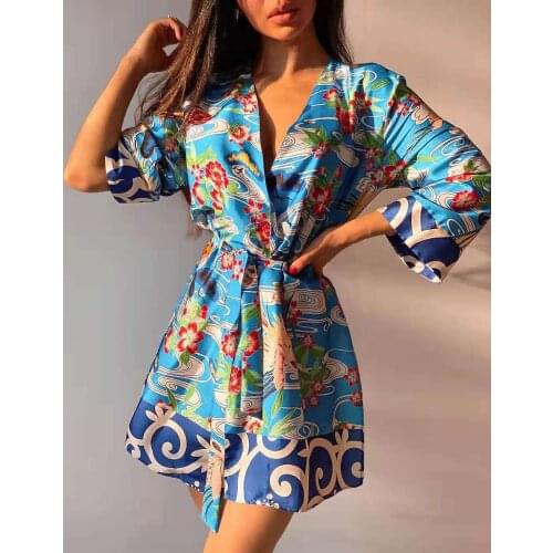 Xikom 2021 New Summer Women Vintage Two-Piece Set Beach Style Print V- Neck Belt Long Shirt Elastic High Waist Casual Pants Sets