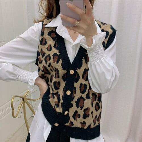 Sweater Vest Womens 2021 Autumn Korean Style Deep V Neck Sleeveless Outwear Leopard Printed Single Breasted Garment Knitwear