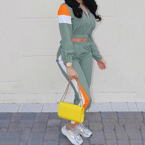 2020 New Women Two Piece Set Zipper Crop Tops and Pants Hip Hop Club Outfit Panelled 2 Piece Set Tracksuit Women Joggers Suit