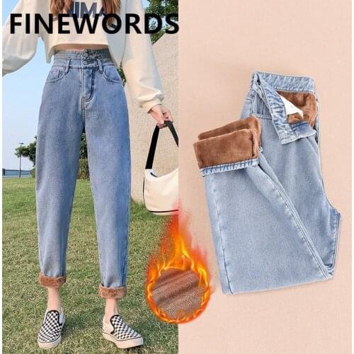 FINEWORDS Winter Thicken Fleece Boyfriend Jeans For Women Warm High Waist Harem Boot Cut Jeans Vintage Casual Velvet Mom Jeans