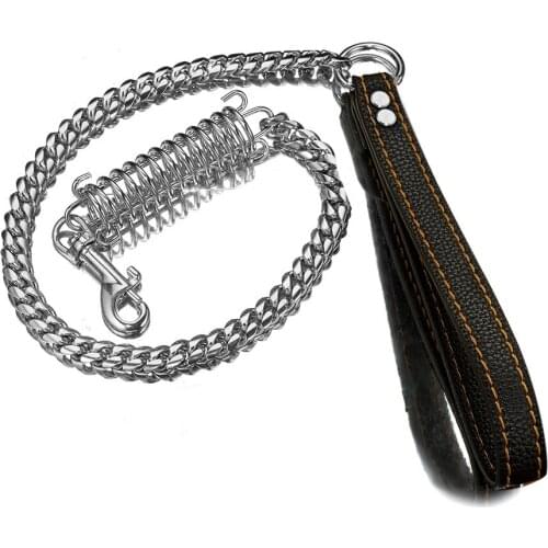 14mm Wide Never Fade 316L Stainless Steel Curb Cuban Link Chan Dog Leash Training Dog Walking with 9inch Black Leather Cord