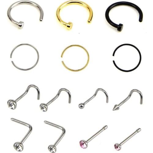 14Pcs/Set Rhinestone Nose Studs Hoop C Shape Ring Bone Bar Pin Piercing Jewelry