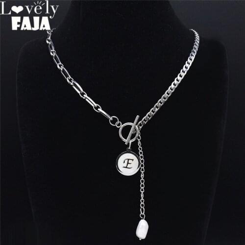 2021 Hip Hop Pearl Shell Stainless Steel E Letter Chain Necklaces Women Silver Color Necklace Jewelry cadenas mujer NE7000S03