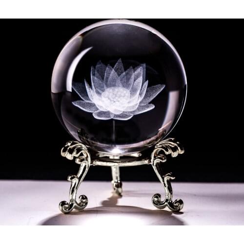 60mm 3d Carving Crystal Ball Paperweight with Stand Healing Meditation Glass Sphere Fengshui Home Decor Ornaments Lotus Flower
