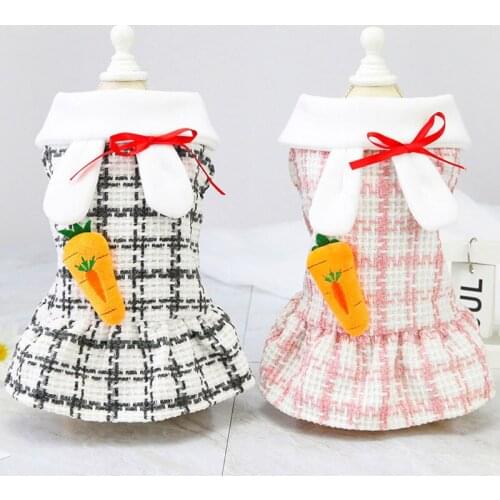 Plaid Cute Cat Clothes Dog Coat Dress Pet Jacket Skirt Autumn Winter Dog Costume Rabbit Ear Design Carrot Pattern Pet Clothing L