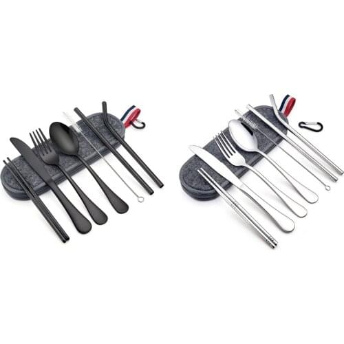 8-Piece Portable Travel Utensils Set With Gray Case, Stainless Steel Reusable Silverware Flatware Cutlery Set