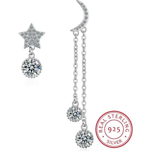 Cute Korean Earrings S925 Sterling Silver Moon Star Long Stud Earring with Bling Zirconia Stone for Women Fine Jewelry