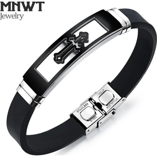 MNWT Trendy Stainless Steel Hollow Buds Cross Bracelet For Men Religious Black Rubber Silicone Charm Bracelets Pulsera Hombre