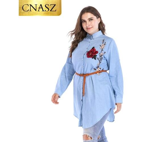 New Fashion Collar Irregular Embroidery Flower Long Sleeve Denim Blouse With Belt Women Tops For Women