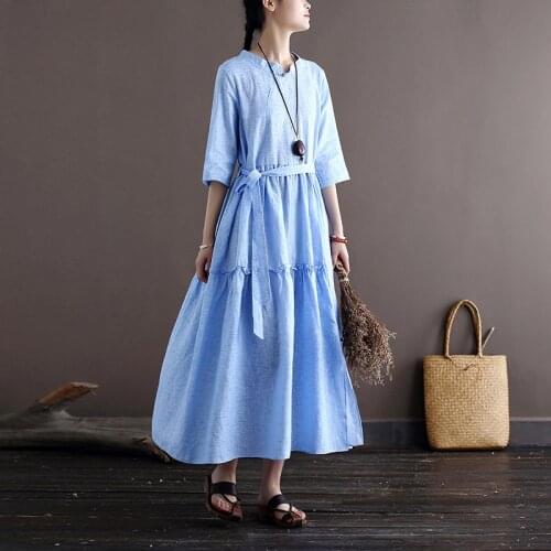 QPFJQD Ladies Loose Solid Color Stand Collar Dress Half Sleeve Chinese Style Women Cotton Linen Dresses Autumn Summer 2021