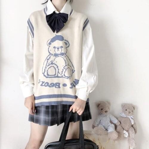 Casual Sweater Vest Women 2021 Winter Korean Preppy Style Cute Teddy Bear Sleeveless Pullover Thick Warm Knit Tank Top T641