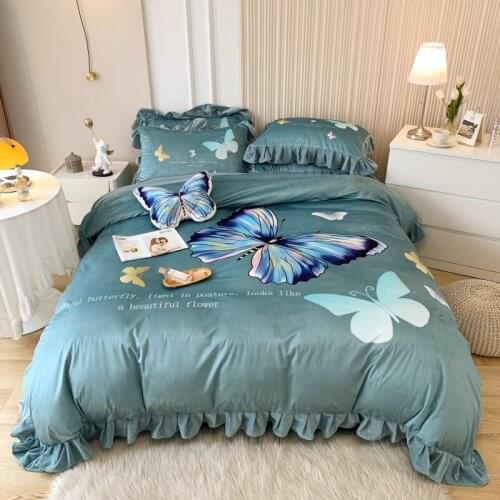 2021 Luxury Flannel Velvet Butterfly Printed Bedding Set Fleece Ruffle Duvet Cover Bed Sheet Pillowcases Queen King Size 5Pcs