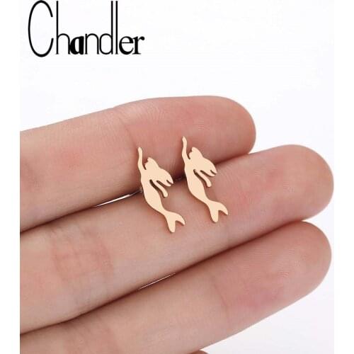 Chandler Stainless Steel Small Mermaid earring Sea Mermaid Figure Metal Texture Stud Earrings Beach Gold Color Pin Jewelry