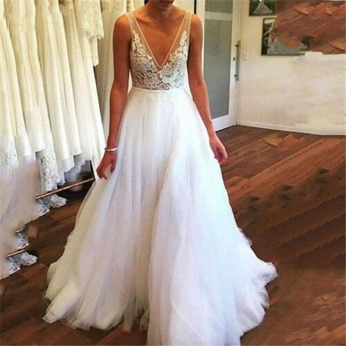 ANGELSBRIDEP A-Line Wedding Dresses Boho Bridal Gown Robe de marie Sexy V-Neck Applique Floor-Length Tulle Formal Bride Dress