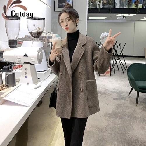 Cotday Loose Casual Korean Woolen Coat Autumn Winter 2020 Womens Middle And Long Style Small Brown Woolen Parka Coats