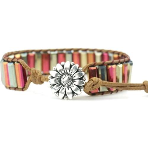 Unique Tube Shape Colorful Crystal Single Leather Wrap Bracelets Wholesale Handmade Bohemian Weaving Bracelet Dropshipping