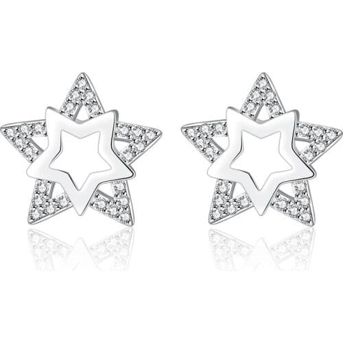 Korean 925 Sterling Silver Double Star Hollow Cubic Zirconia Stud Earrings for Women Girl Simple Fashion Earring Jewelry Gift