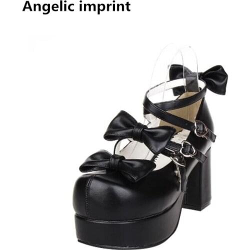 Angelic imprint handmade woman mori girl lolita cosplay shoes lady high heels pumps women princess dress party sandals 33-47 bow