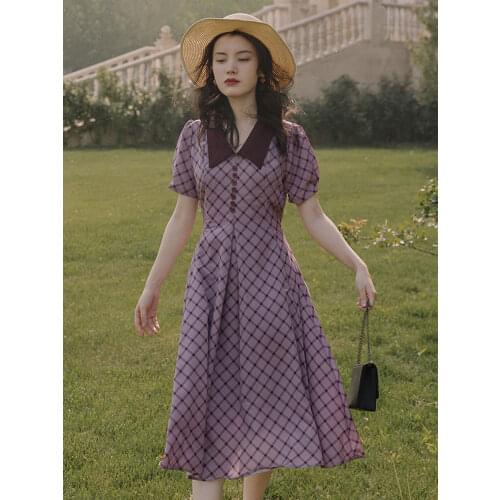 Summer New Bohemian Travel Vacation Style Long Dress Japanese Pastoral Girl Retro Womens Navy Collar Slim Purple Plaid Dress