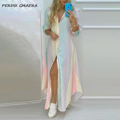 Autumn Women Elegant Lapel Striped Print Long Sleeve Shirt Dress 2021 New Summer Sexy Casual Sundress Vestidos Female Plus Size