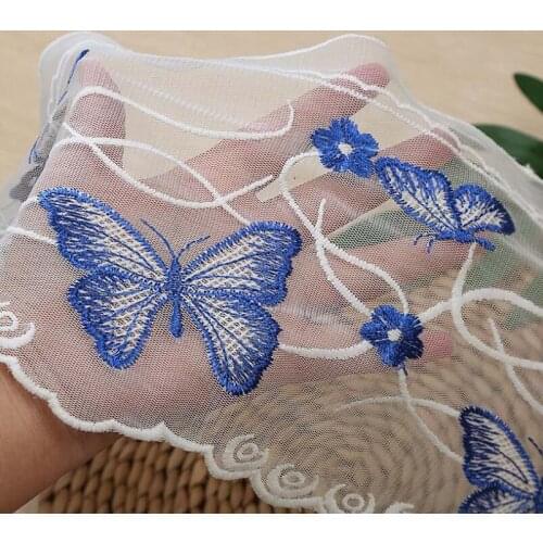 30Yards Blue Butterfly Applique Embroidery Lace Trim Fabric Eco-friendly Soft Summer Dress Sewing Accessories Free Shipping