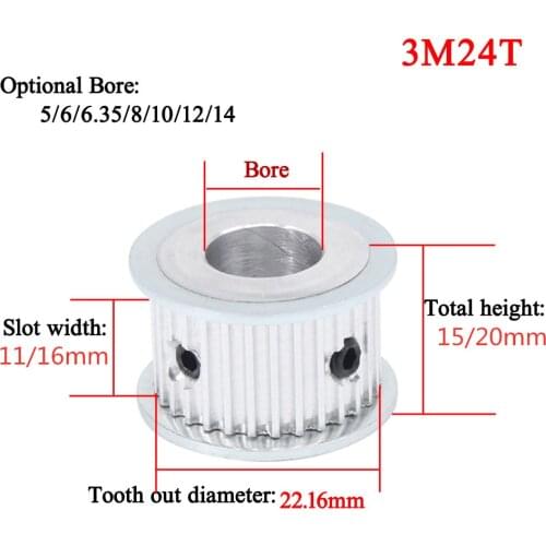 AF type 24 teeth 3M Timing Pulley Bore 5mm 6mm 6.35mm 8mm 10mm 12mm 14mm for HTD belt used in linear pulley 24Teeth 24T