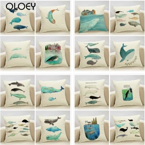 Whale Pattern Cotton Linen Pillow Case Decorative Pillowcase Throw Pillow Cover Home Decoration Cushion Cover 45X45CM