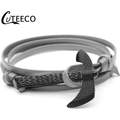 CUTEECO Classic Vintage Men Simulation leather Wrap Anchor bracelet Black Color Big Axe Buckle Punk Bracelets For Men Gift