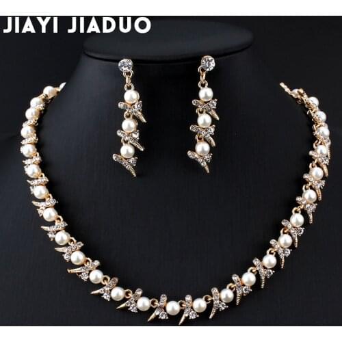 Jiayijiaduo imitation Pearl Necklace earrings set gold-color Wedding hair jewelry trade Drop shipping Women Costume jewelry set