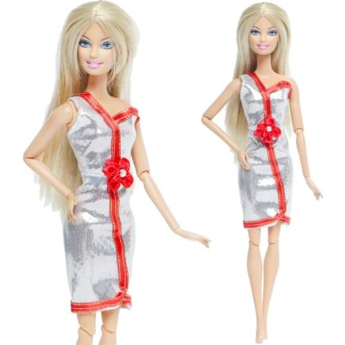 Fashion Modern Dress Silver Skirt Daily Casual Wear One Shoulder Red Flower Clothes for Barbie Doll Girl Accessories DIY Toy