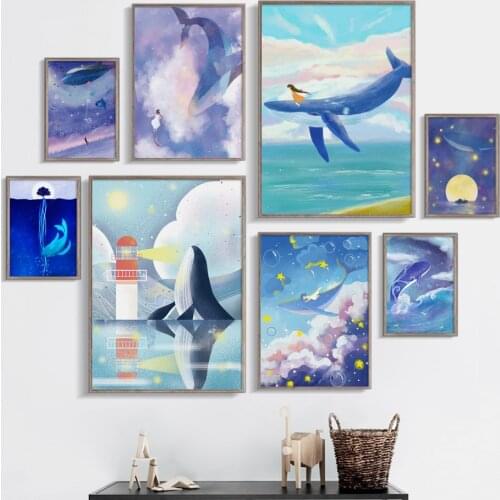 Cartoon Whale Girl Star Moon Cloud Animals Nordic Posters And Prints Wall Art Canvas Painting Wall Pictures Kids Room Home Decor