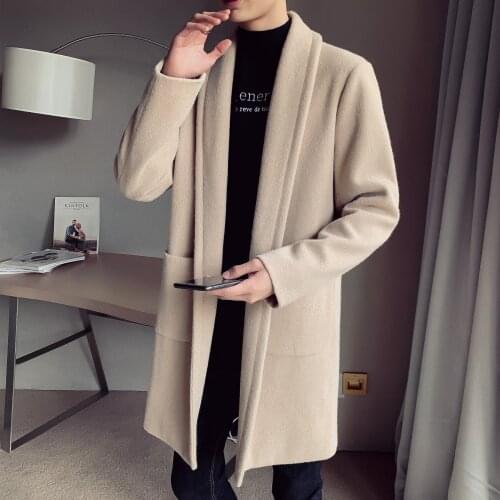 Mens Casual Buckle-Free Windbreaker Big Pocket Solid Business Outwear Trenchcoat Men Winter Warm Trench Woolen Cloth Coat Korean