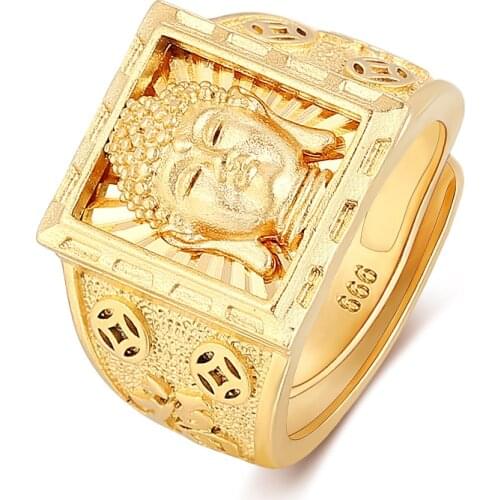Mens Gold Color Ring Buddha Finger Ring Resizable Buddha Head Carved Ring Buddhist Jewelry